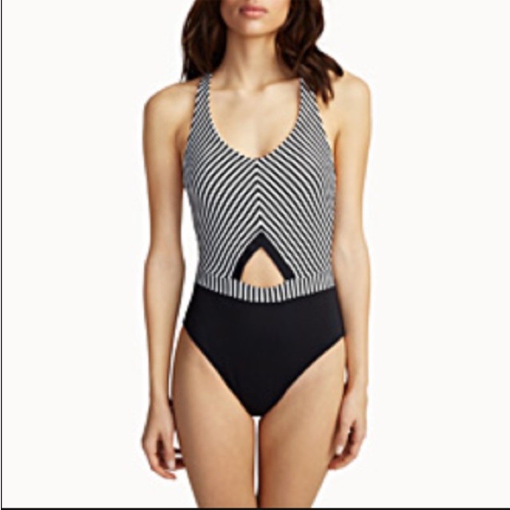 Everyday Sunday striped black and white one piece swimsuit.